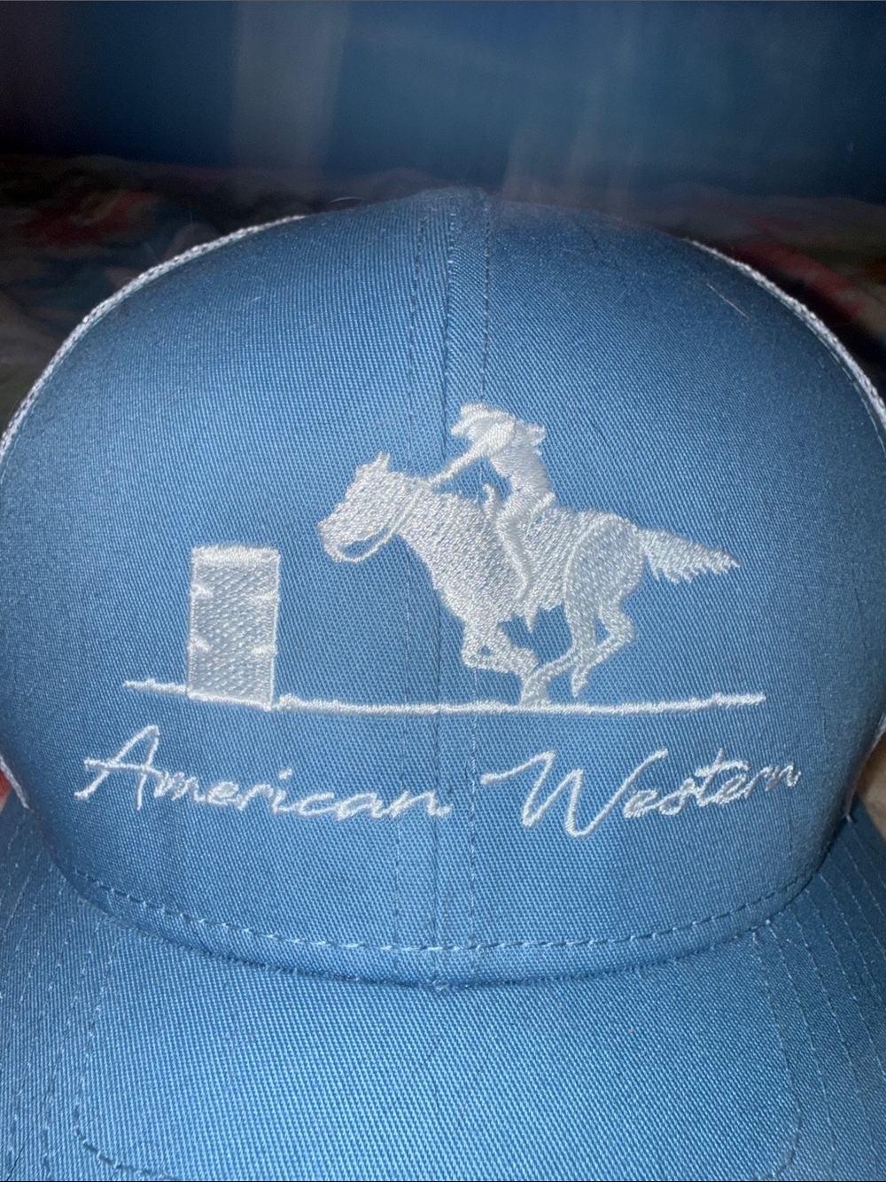 American Western Embroidered BARREL RACING Hat - Dusty Blue & White A